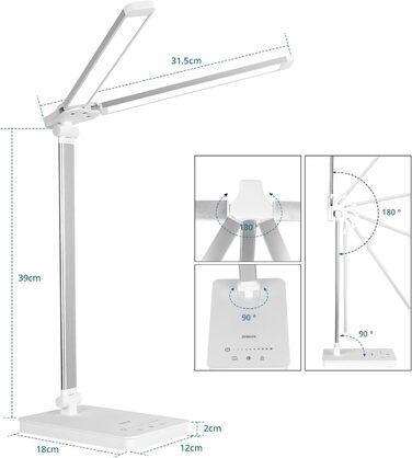 Світлодіодна настільна лампа Semlos з двома кронштейнами та USB-портами для заряджання, настільна лампа з 5 колірними режимами та 5 рівнями яскравості, сенсорна лампа керування для домашнього офісу, біла (включаючи вилку)