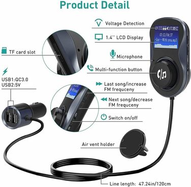 Модулятор PNI Valentine F800 Bluetooth, MP3-плеєр, FM-передавач, слот Micro SD, подвійний USB, QC3.0