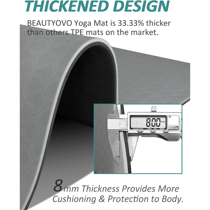 Нековзний килимок для йоги з ременем для перенесення, 6 Килимок для йоги товщиною 8 мм, професійний спортивний килимок Килимок для фітнесу нековзний, TPE ПВХ гімнастичний килимок для дому та вулиці, килимок для тренувань (чорний/сірий)