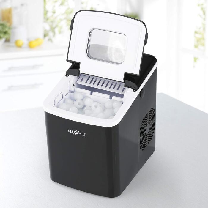 Машина для виготовлення кубиків льоду MAXXMEE Ice Maker Льодогенератор з кубиками 2 розмірів, резервуар для води 1,8 л, підключення до води не потрібне, 9 кубиків льоду приблизно за 8 хв З великим оглядовим вікном 120 Вт / чорний