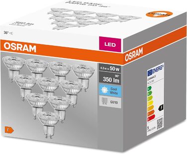 Світлодіодна рефлекторна лампа Osram Base PAR16 з цоколем GU10, 4,3 Вт, теплий білий, 10 шт. (1 упаковка) (50 Вт, 10 упаковок, 4000k холодний білий)