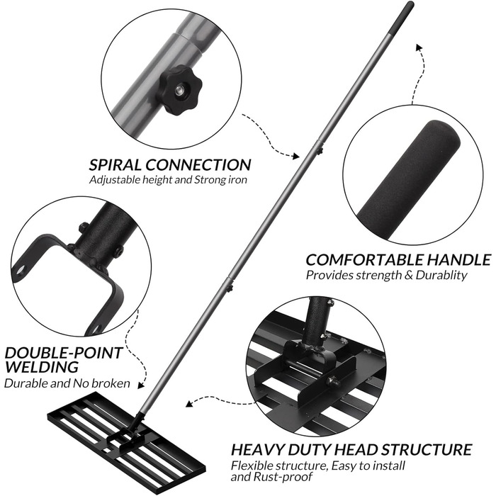 Граблі для вирівнювання газону Walensee, ракель для садового газону, інструмент для вирівнювання газону без зусиль, ручка граблів для піску газону з нержавіючої сталі, скарифікатор граблів Gardena для саду у дворі, поле для гольфу, 213 см, 76x25 см 213 см