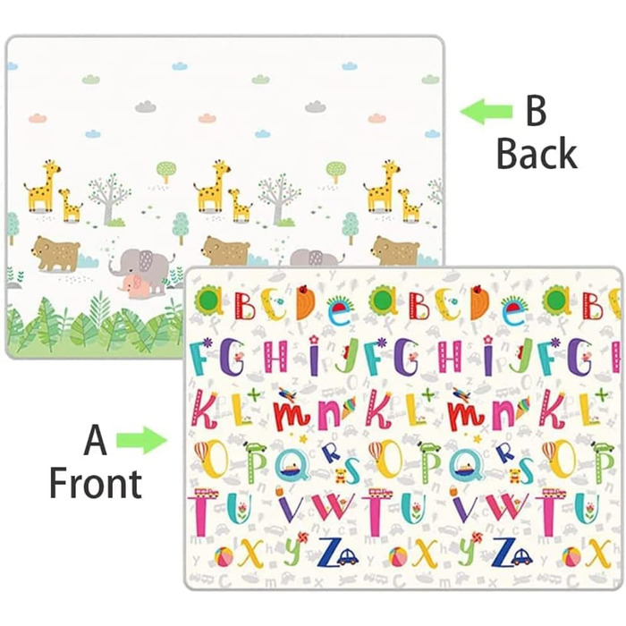 Дитячий складний килимок для повзання Дитячий ігровий килимок, дитячий килимок для підлоги без забруднювачів з обох сторін, водонепроникний, нековзний і нетоксичний, не містить бісфенолу А (літери зоопарк, 180x160x1 см)