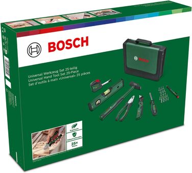 Універсальний набір ручних інструментів Bosch, 25 предметів (універсальний набір інструментів для загальних робіт по дому складаний ніж комбіновані плоскогубці рулетка рівень і багато іншого) - Storeo Edition