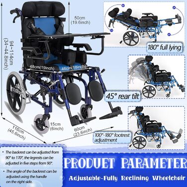 Повністю відкидне складне ручне крісло колісне для інсульту, інвалідна геміплегія, дитячий параліч з регульованим підголівником, положення сидячи/висота підлокітника, вантажопідйомність 100 кг, дитина