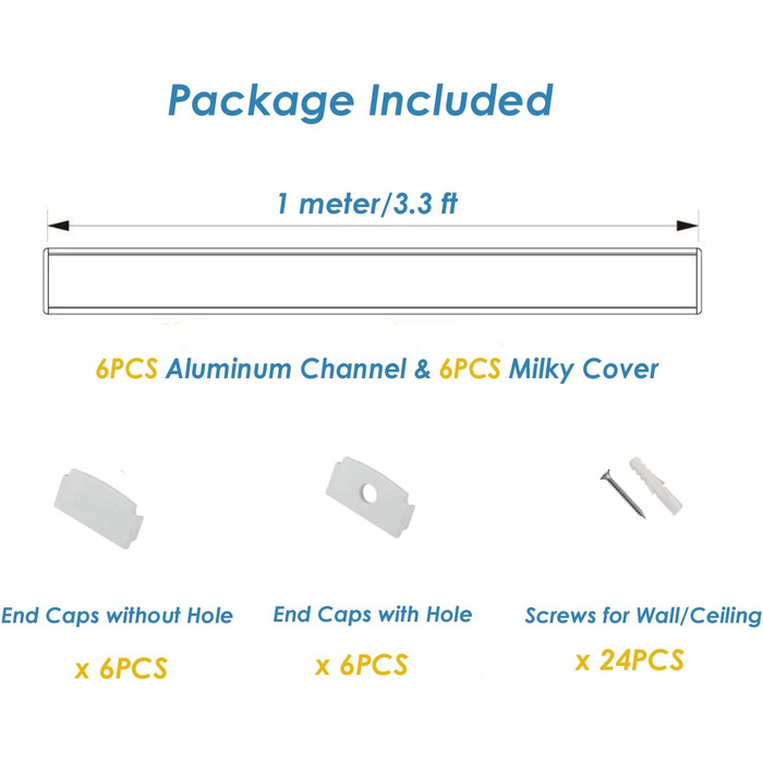 Гіпсокартон зі світлодіодним профілем Bessetho, 6 пакетів 1 м світлодіодний профіль для гіпсокартону, профіль розсіювача світлодіодної стрічки, вбудований світлодіодний алюмінієвий профіль без обрізки для стін і стелі 3,3 фута/1 м