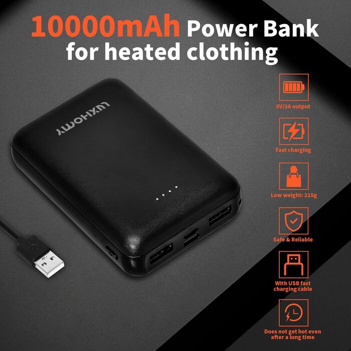 Power bank для жилета та куртки з підігрівом 10000mAh, USB-C, micro USB, 2 вихідні порти USB, сумісний з одягом на 5V