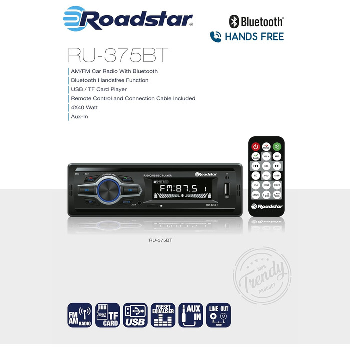 Цифрова автомобільна стереосистема Roadstar RU-375BT AM/FM, Bluetooth гучний зв'язок, стерео автомобільна стереосистема, USB-порт, TF-кардрідер, MP3-плеєр, РК-екран, пульт дистанційного керування