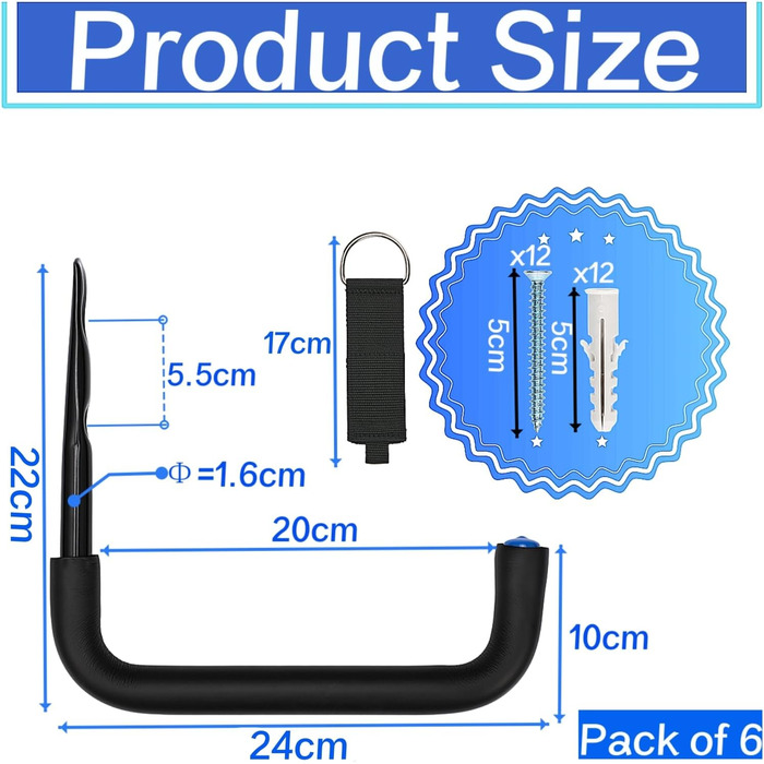Міцні гачки для зберігання в гаражі Locawaya, настінний кронштейн, вішалка та органайзер для гаража, 24 см, гачки для зберігання садових інструментів, драбин, велосипеди, громіздкі предмети, 6 шт.