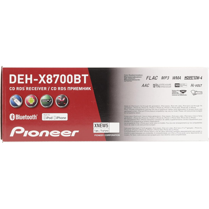 Автомобільна стереосистема Pioneer DEH-X8700BT 1DIN, вхід Bluetooth, MP3, USB та AUX, RGB-підсвічування, гучний зв'язок Bluetooth, додаток Smart Sync, 5-смуговий еквалайзер