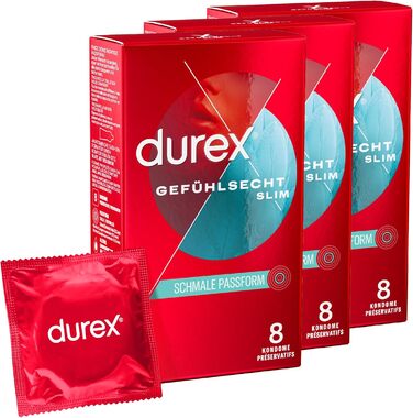 Презервативи Durex Feeling Slim Fit - презервативи Gossamer з тонким кроєм для інтенсивних відчуттів - 3 упаковки (3 x 8 шт. )