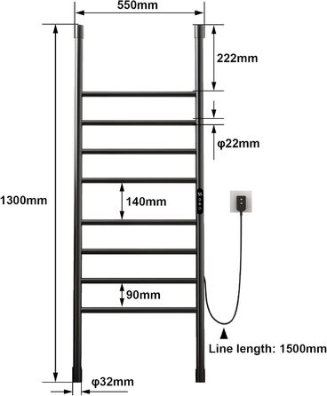 Електричний полотенцесушитель, окремо стояча рушникосушка для ванної кімнати чорна 1300550 мм, електричний радіатор для ванної кімнати потужністю 195 Вт, електрична рушникосушка, зі світлодіодним дисплеєм, тип драбини - чорна права
