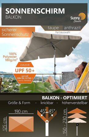 Парасолька 4smile Parasol Balcony SunnyShade Plus 200 x 125 см для захисту від ультрафіолету UV50 із захисним чохлом  коричнева