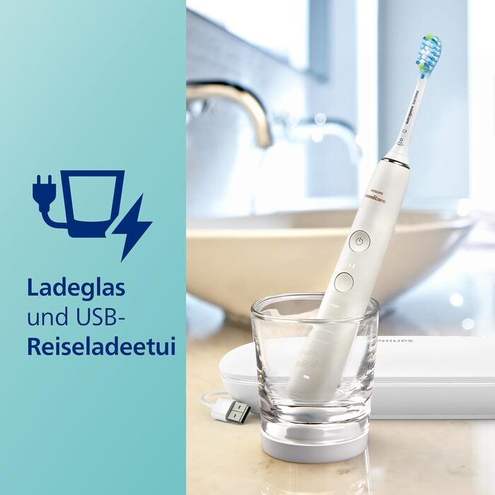 Електрична зубна щітка Philips Sonicare DiamondClean 9000, звукова зубна щітка з додатком, датчик тиску, 4 режими чищення, 3 рівні інтенсивності, зарядне скло та дорожній футляр USB, білий, модель HX9911/27