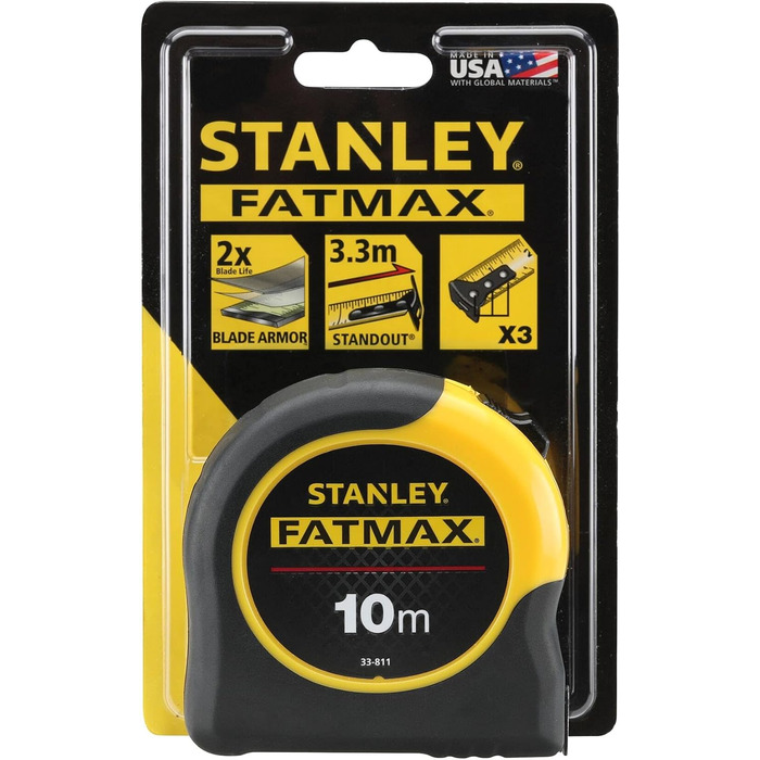 Рулетка Stanley FatMax Blade Armor (довжина 10 м, фіксатор, автоматичне перемотування, затискач для ременя, DynaGrip) 0-33-811