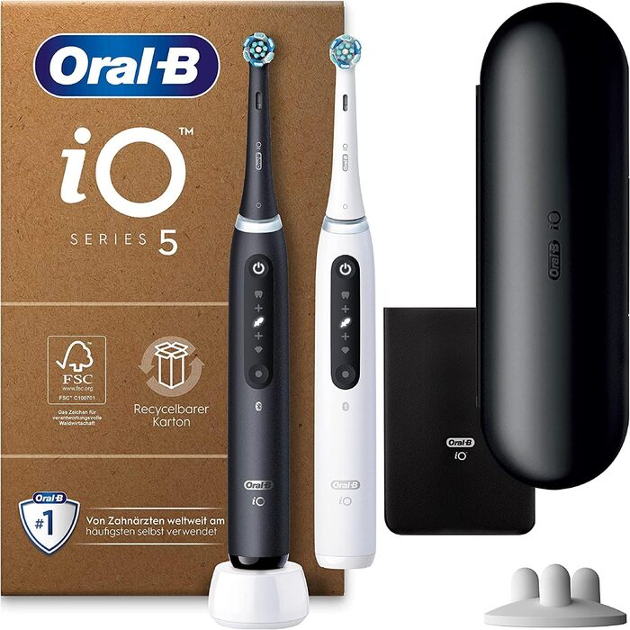 Електрична зубна щітка Oral-B iO Series 5 Plus Edition, матова чорна/повністю біла щітки для чищення та щітки для чищення iO Ultimate, неперевершене чищення зубів з технологією iO, комплект із 4 предметів зі щітками для чищення Ultimate Cleaning