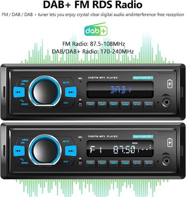 Автомобільна стереосистема Hodozzy DAB 1 Din з Bluetooth, MP3-плеєр з FM-радіо, підтримка автомобільної стереосистеми 1 Din BT Hands-free/еквалайзер/керування на кермі/USB/зарядка/TF/AUX-вхід, цифровий медіа-ресивер