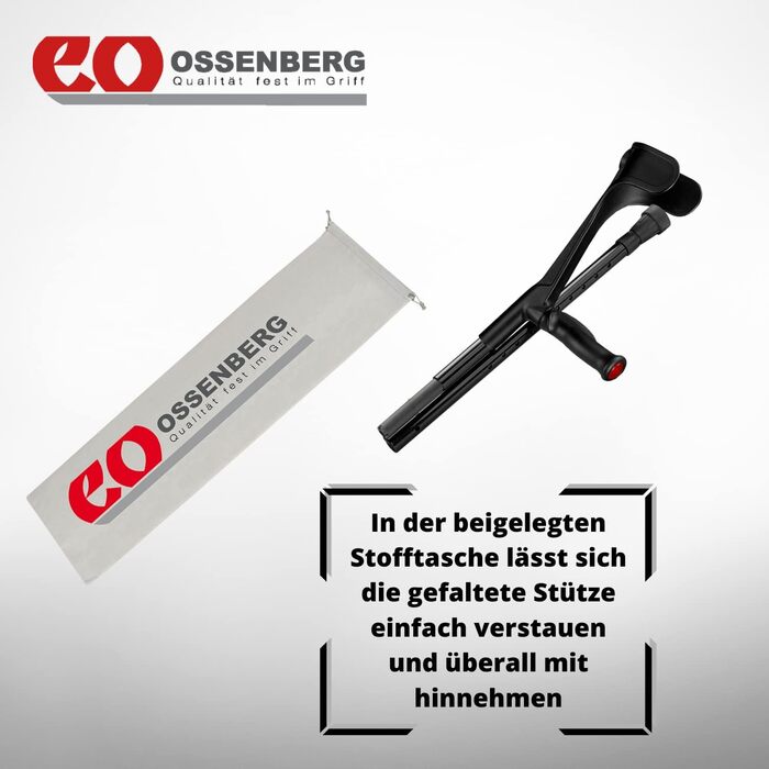 Складна дорожня опора Ossenberg з карбону з анатомічним м'яким захопленням праворуч - регульована по висоті милиця для подорожей - милиця для передпліччя - з навантаженням до 140 кг - легка і стійка - чорний для правої руки Чорний