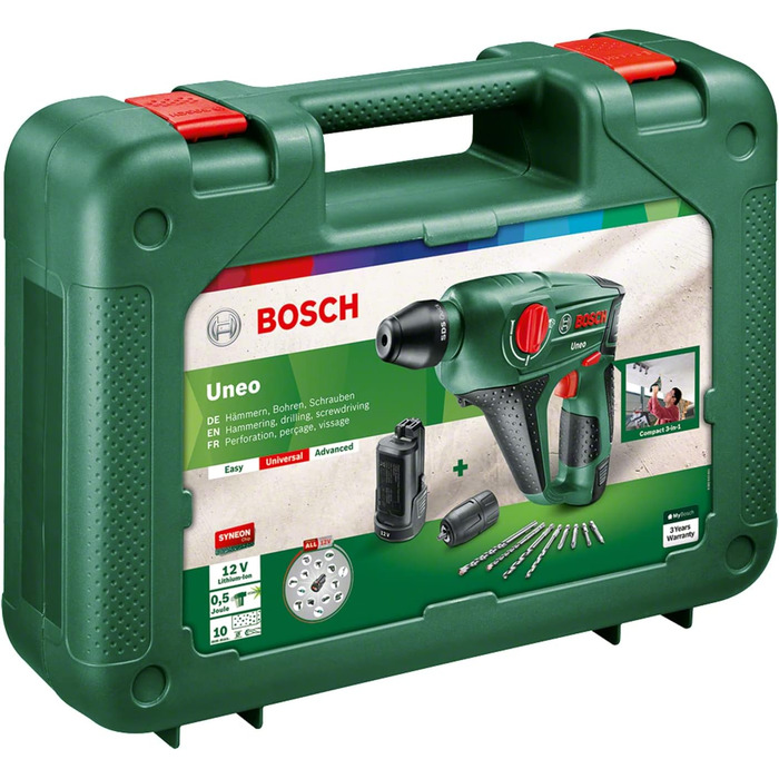 Акумуляторний перфоратор Bosch Uneo (2 акумулятора, 12 В, макс. глибина свердління в бетоні 10 мм, в кейсі) Комплект 2 акумулятора