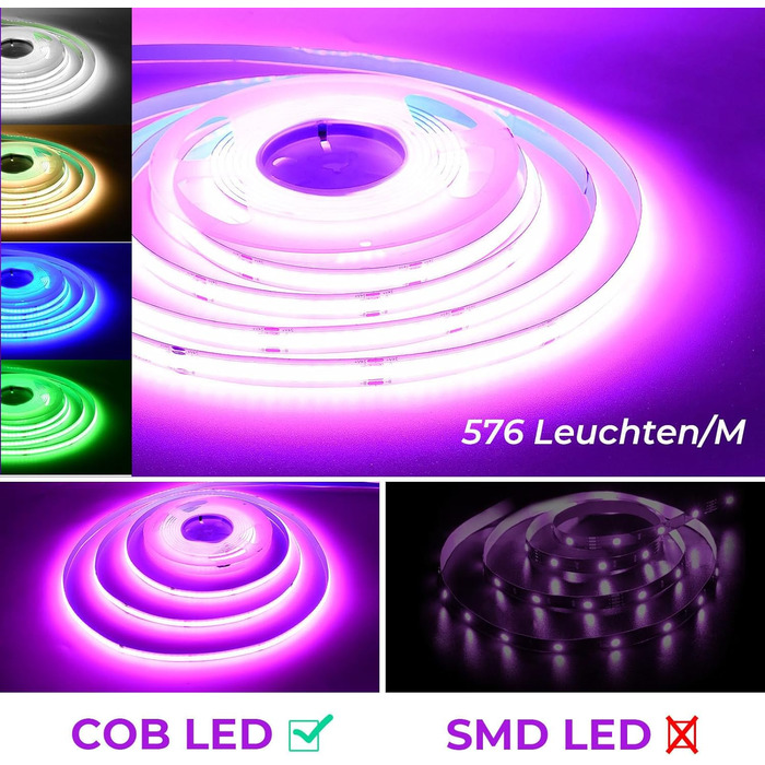 Інтелектуальна світлодіодна стрічка COB RGB 576 світлодіодів/м 5760 світлодіодів Світлодіодна стрічка з можливістю затемнення 24 В працює з Alexa/Google Home Assistant, деформований світлодіодний набір 10 м із джерелом живлення та керуванням, 10M