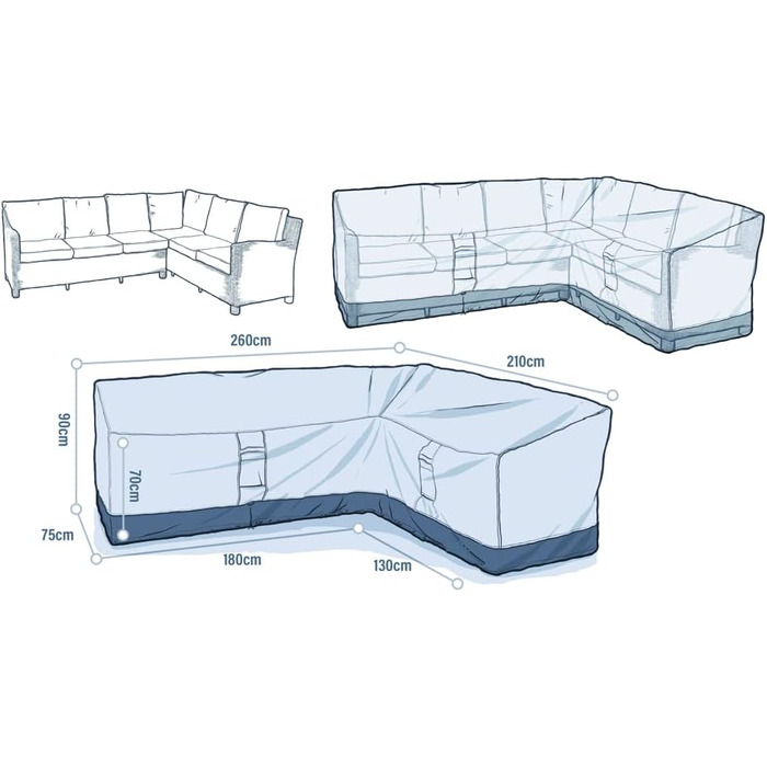 Кутовий чохол на диван Maypole L-подібний, ліва сторона, повна довжина, 260 см, 600D Оксфорд, міцний, водовідштовхувальний, підкладка з ПВХ 260 см довжина х 75 см ширина х 90 см висота