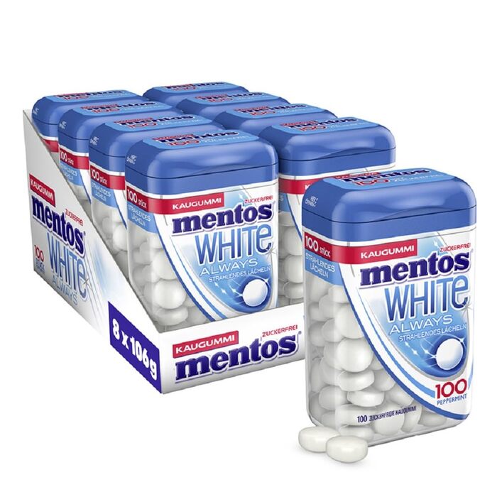 Жувальна гумка Mentos Always White, 8 банок XL жувальної гумки без цукру 100 шт. зі смаком м'яти перцевої для сяючої посмішки, (8 x 106 г)