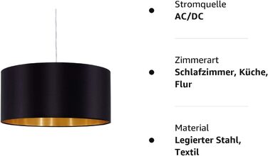 Підвісний світильник EGLO Maserlo, текстильний підвісний світильник, підвісний світильник зі срібла металу та тканини чорного та золотого кольорів, цоколь E27, підвісний світильник Ø 38 см, Ø 380 мм