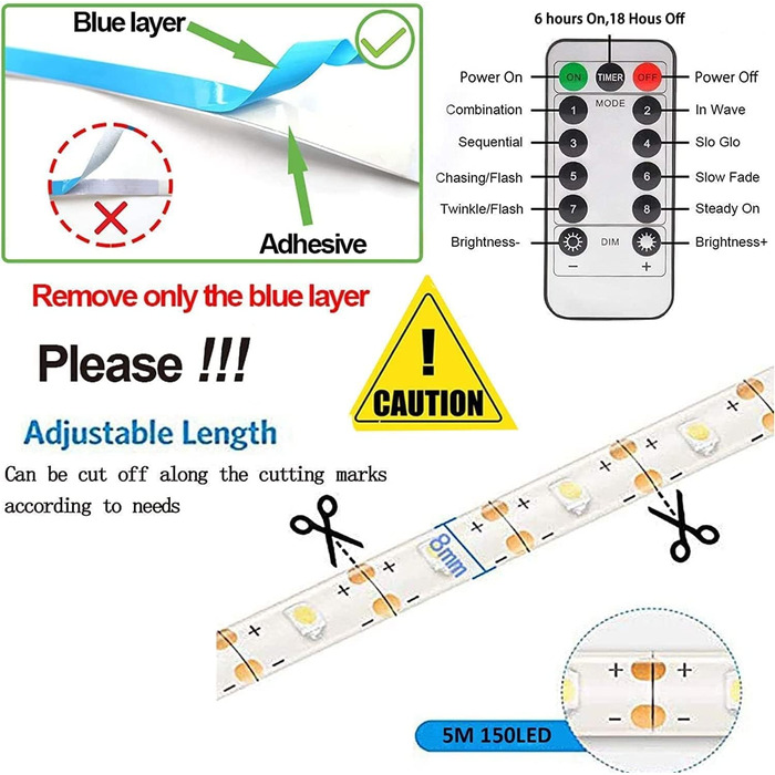 Світлодіодна стрічка SUAVER на батарейках 5м 150LED гнучка світлодіодна стрічка з таймером дистанційного керування водонепроникна 8 режимів різання, самоклеюча, затемнене освітлення декоративна (багатобарвна)