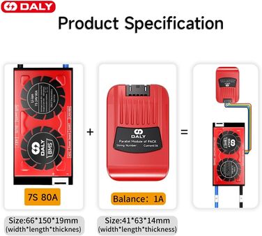 Паралельний модуль DALY BMS 1 A з вентилятором Smart BMS LiFePo4 8S 24 В 250 А та портом CAN, Smart BMS Bluetooth ключ для літієвих акумуляторів 3,2 В, інвертор, ДБЖ та домашня система зберігання (Li-ion 7S 24V CAN BT, 80AParallel Module1A)