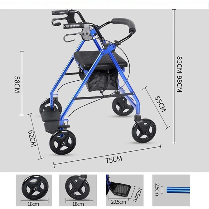 Роллатор, складний, з сидінням і сумкою для зберігання, стоянковими гальмами, транспортним кріслом для літніх людей, регулюється по висоті