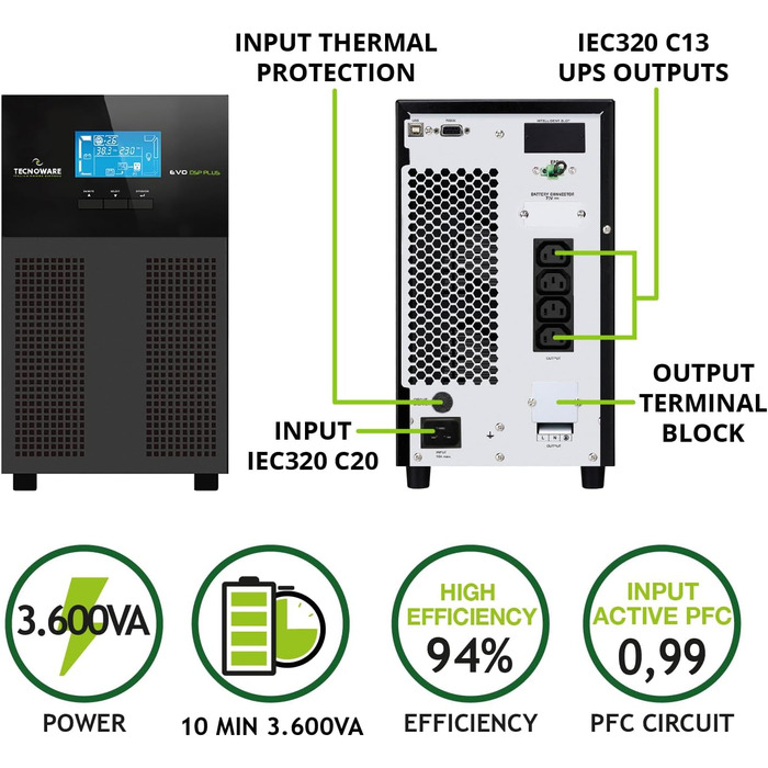 Джерело безперебійного живлення Tecnoware UPS EVO DSP PLUS 3600 - Онлайн-технологія, монтажна вежа - 8 виходів IEC - Автономність до 40 хв - Потужність (3600 ВА, вежа)