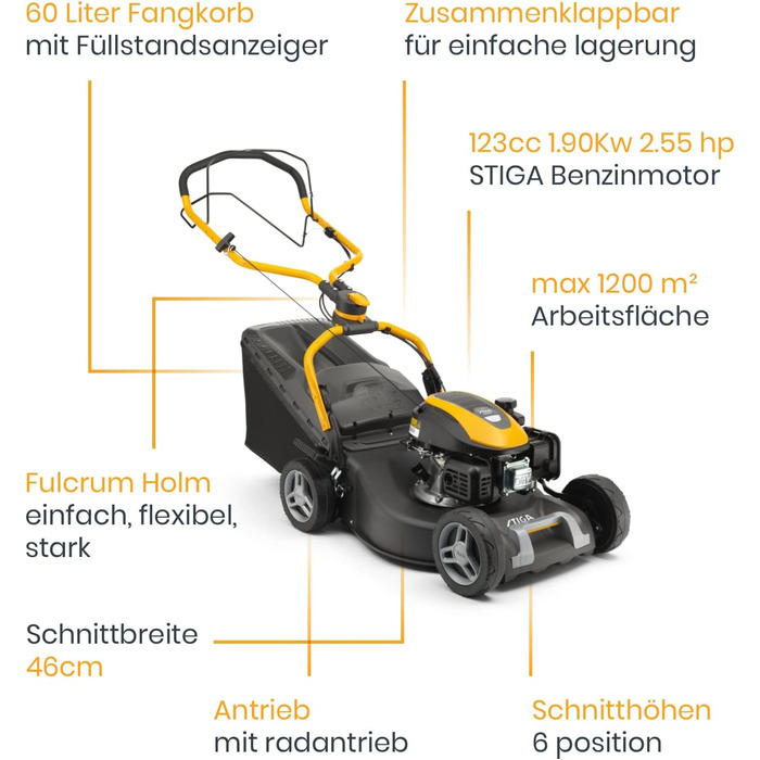 Бензинова газонокосарка STIGA Collector 548 S, бензиновий двигун STIGA 123 куб.см, 1900 Вт, ширина зрізу 46 см, мішок для збору сміття 60 л
