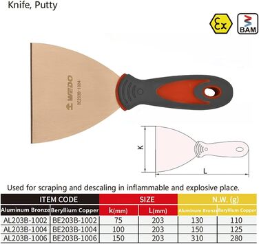 Шпателі WEDO, шпателі для гіпсокартону, шпателі з нековзною гумовою ручкою, професійні широкі шпателі, що не іскриться, берилієва мідь, ширина ножа 75 мм, довжина 203 мм, сертифікована BAM & FM мідь-берилій 75X203 мм