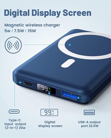 Бездротовий зарядний пристрій 15W,  магнітний,  USB C PD 20W,  10000mAh, синій