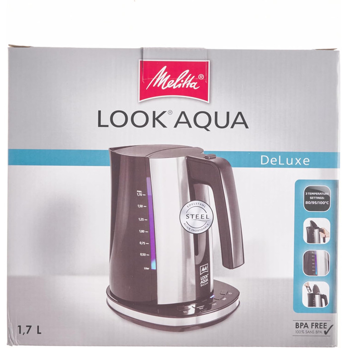 Чайник - MELITTA - Look Aqua DeLuxe 1026-14 з налаштуванням температури (80 C, 95 C, 100 C) для чаю та дитячого харчування та функцією збереження тепла, 1,7 л, 2400 Вт з налаштуванням температури один