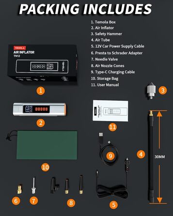 Електричний повітряний насос TEMOLA, акумуляторний повітряний насос 150PSI, акумуляторний компресор для автомобільного насоса для шин, електричний повітряний насос 12 В зі світлодіодним підсвічуванням для автомобіля, велосипеда, мотоцикла, сріблястого аку