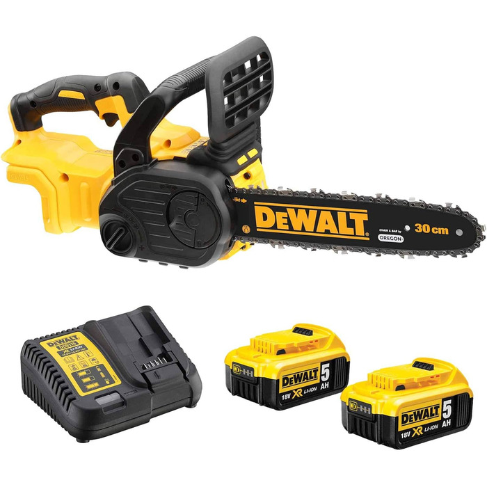 Акумуляторна ланцюгова пила DeWALT DCM565P2-QW 18 В з довжиною полотна 30 см, в комплекті 2 акумулятори 5 Ач 18 В, зарядний пристрій