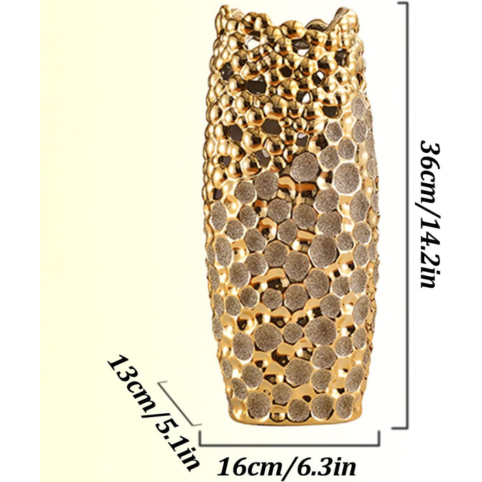 Золота керамічна ваза, велика підлогова ваза, висотою 14,2 дюйма для креативних порожнистих Сучасна ваза для декору будинку в сільському стилі, для друзів і сім'ї (Колір Золото, Розмір 16x13x36см) 16x13x36см Золото