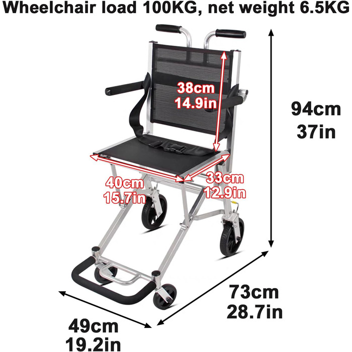 Портативна алюмінієва інвалідна коляска Sunyongfly Simple Foldable Travel підходить для інвалідів, людей похилого віку та людей з обмеженою рухливістю (49X73X94 см (19,2X28,7X37 дюймів))
