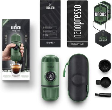 Портативна еспресо-машина WACACO Nanopresso, з корпусом Nanopresso S, оновлена версія мініпресо, туристична кавоварка, з ручним керуванням (нові елементи Moss Green)