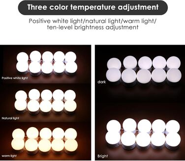 Освітлення макіяжного столу Vusddy - 10 світлодіодних ламп для макіяжу для дзеркала - лампа для дзеркала в голлівудському стилі - з 3 кольорами та 10-ступінчастою функцією затемнення (8000K) - USB-з'єднання