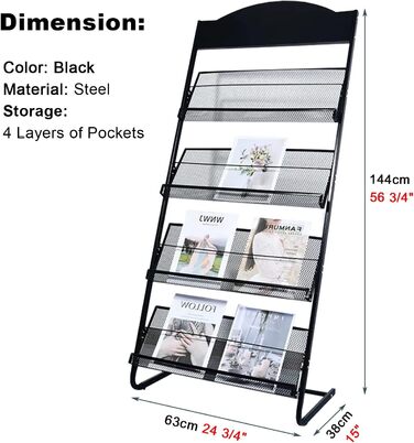Шаровий стелаж для журналів LJPZYOY, підлоговий стелаж для брошур, переносний металевий стелаж для каталогів, багатоцільовий стелаж (колір чорний), 4-