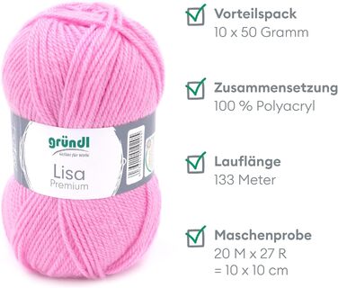 Пряжа Grndl Lisa Premium Uni Knitting & Crochet Yarn (м'яка і вовняний характер, проста в догляді миється трикотажна пряжа з 100 поліакрилу, 50 г/ 133 м, розмір голки 3,5 - 4,5, 10 клубків по 50 г кожен), (рожевий 31)