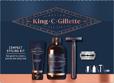 Подарунковий набір Gillette King C. Gillette Compact Styling безпечна бритва з подвійною ріжучою кромкою 5 лез прозорий гель для гоління 30 мл гель для вмивання бороди та обличчя 60 мл