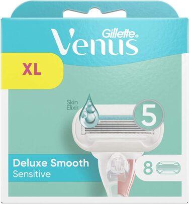 Леза для бритви Gillette Venus Deluxe Smooth Sensitive Women, 8 змінних лез для жіночих бритв з 5-кратним лезом 8 шт. (1 упаковка) Старі