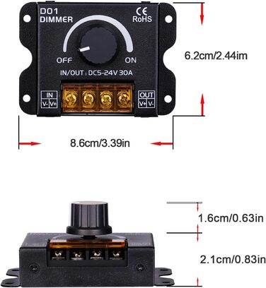 В 12 В 24 В 30 А радіочастотна світлодіодна стрічка Диммер ШІМ-контролер затемнення Бездротове керування або за допомогою кнопки для регулювання яскравості Підходить для світлодіодних стрічок Світлодіодний диммер, 5
