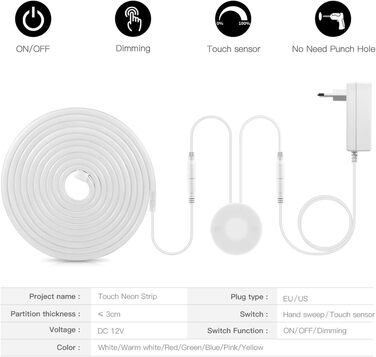 Неонова світлодіодна стрічка AIMENGTE, неонова світлодіодна стрічка 12 В із сенсорним перемикачем для сенсорного диммера, силіконова неонова стрічка для внутрішнього оздоблення домашньої кухні на вулиці (2 м, біла) 2 м біла