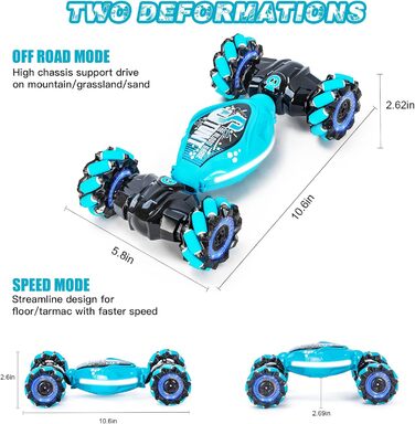 Жестова операція RC автомобіль для дітей, 4WD 2.4 ГГц з дистанційним управлінням від 6/7/8/9/10/11/12 років, двосторонній обертовий позашляховий твіст автомобіль 360 перевертається зі світлом і музикою, подарунки для дітей синій