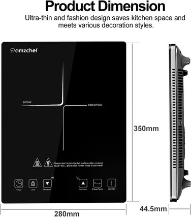 Індукційна варильна поверхня, одинарна індукційна плита AMZCHEF з ультратонким дизайном, 20 рівнів температури та 20 налаштувань потужності, індукційна варильна поверхня 2000 Вт 1 плита, таймер на 3 години, замок безпеки 2000 Вт срібло