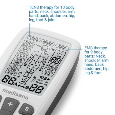 Апарат medisana TENS, струм для стимуляції EMS з 60 програмами Професійний апарат для електротерапії Розслаблення та полегшення болю на спині, шиї, плечах, животі, стегні за допомогою 4 електродних подушечок
